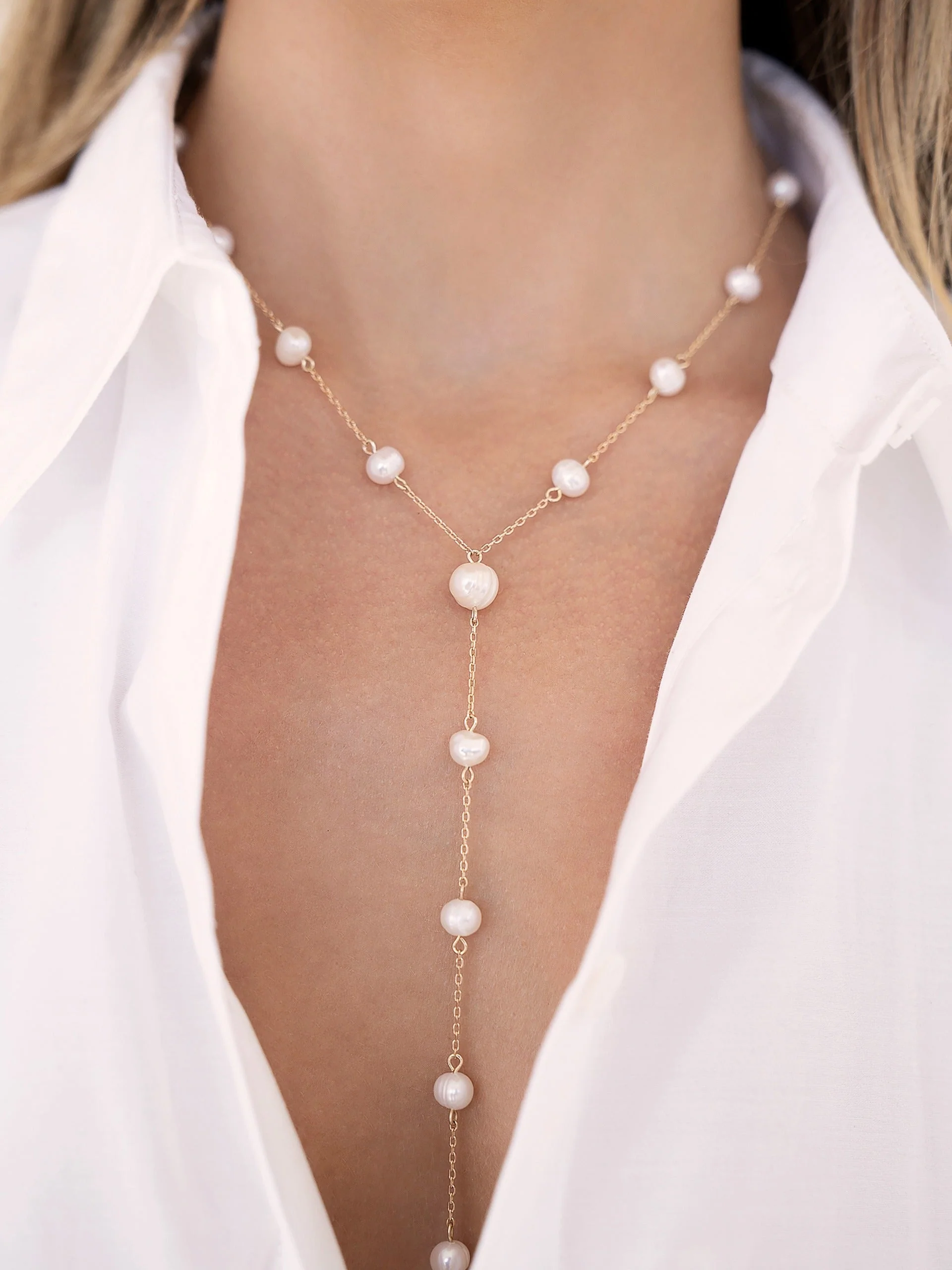 Dripping Pearl Lariat Necklace by Ettika - Image 2